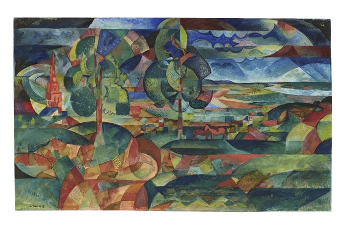 Paul Adolf Seehaus, Blick in Ebene, 1918, watercolor and gouache on drawing card. Photo: Lempertz