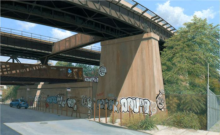 Valeri Larko, Train Trestle, East 133rd Street, Bronx, 2016, oil on linen.