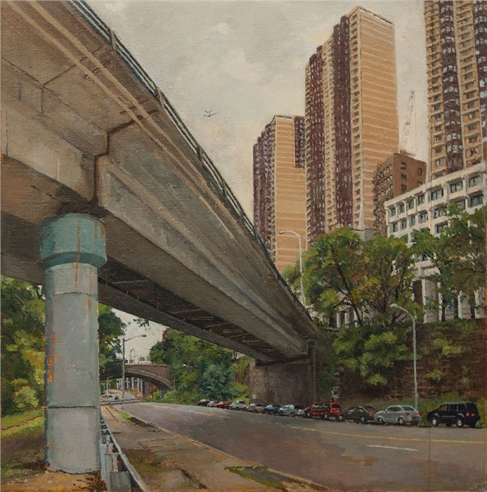 Rackstraw Downes, George Washington Bridge Exit Ramp Over Riverside Drive, NYC, 2015, oil on linen. 