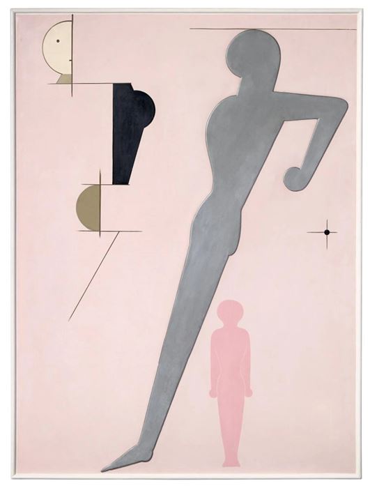 Oskar Schlemmer, Komposition auf Rosa (Rekonstruktion), 1916/1930, gloss paint and metal paint on canvas, laid down on wood panel. Photo: Lempertz