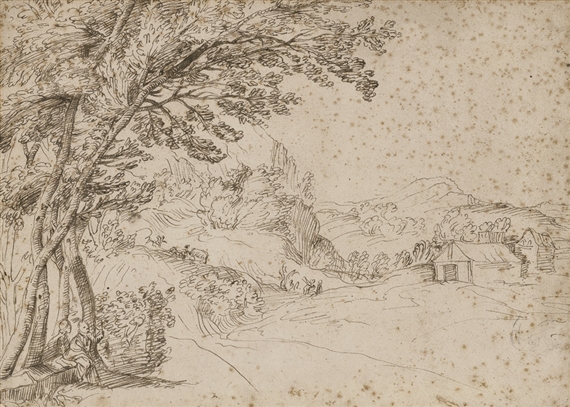 Baumbestandene Landschaft mit zwei Rastenden - Bolognese School, 17th Century
