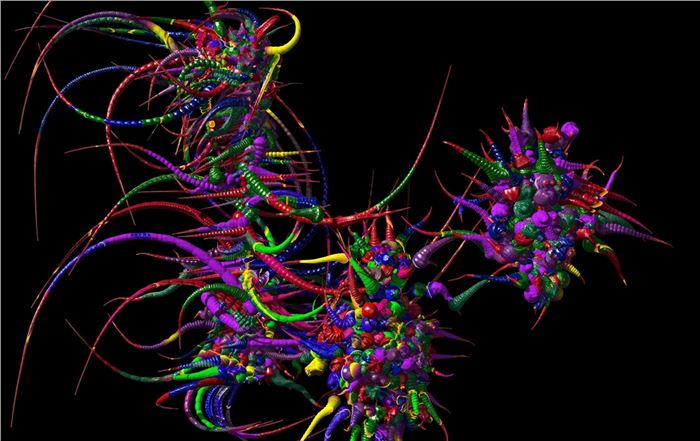 William Latham, Stephan Todd, Human Mutator Azure, 2024, Form Grow, Physics, and AI software, Courtesy of the Museum